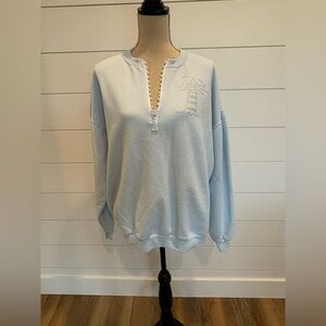 Sunburst Morning Sun Light Blue Half-Zip Rhinestone Lighthouse Sweatshirt XL